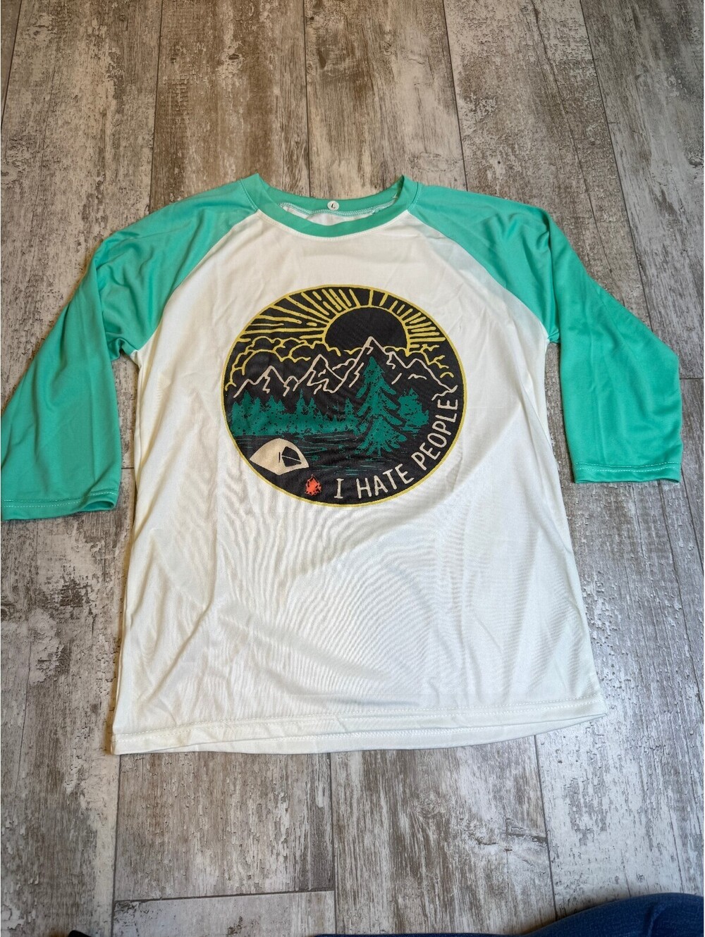 I Hate People Mountain Graphic Raglan Shirt Green White Size L